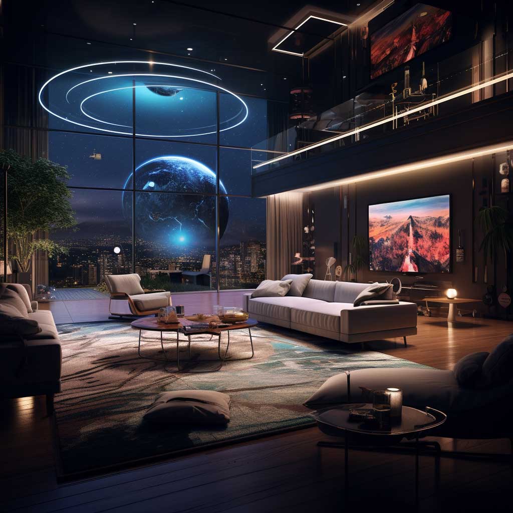 A glimpse into a grand living room that takes entertainment to the next level. Among the big living room ideas featured, an interactive entertainment zone stands out, boasting augmented reality games, holographic displays, and a state-of-the-art sound system, ensuring an immersive experience for all.