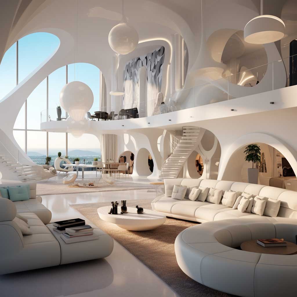 This expansive living area embraces open-concept design, enhanced by futuristic furnishings. The big living room ideas presented emphasize fluidity, with modular furniture pieces and avant-garde art installations that make the space feel both vast and interconnected.