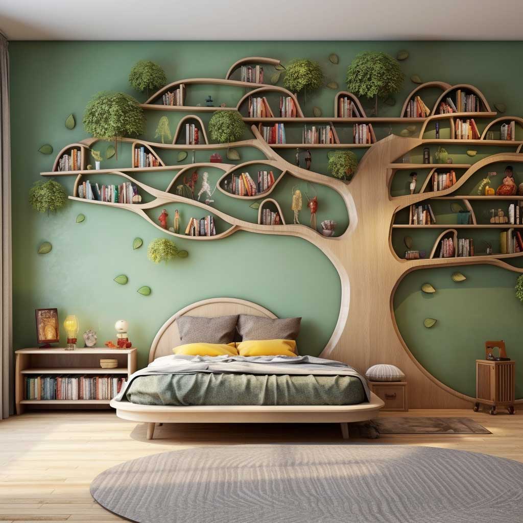Ignite a love for reading with artistic wall bookshelves, a must-have in children's bedroom furniture ideas that display books in an engaging manner.