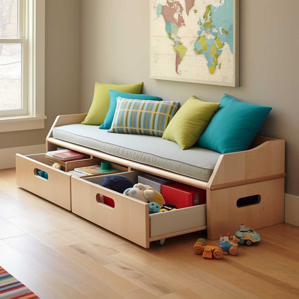 Keep clutter at bay while adding a touch of style with creative storage benches, a versatile piece in children's bedroom furniture ideas that combines seating and storage.