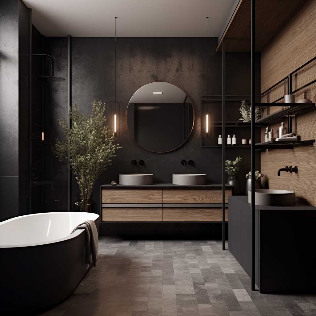 Showcasing a bold contrast in a contemporary bathroom design, this photo highlights modern fixtures in darker tones against light-colored walls, creating a striking visual balance that defines the space with a chic, edgy look.