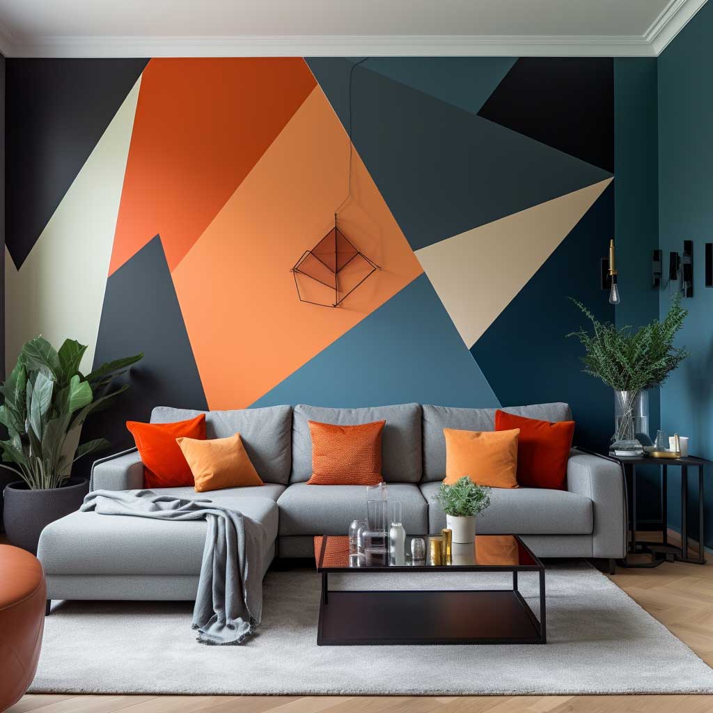 A bold geometric paint pattern feature wall idea that adds a contemporary twist to the living room, making it a conversation starter.