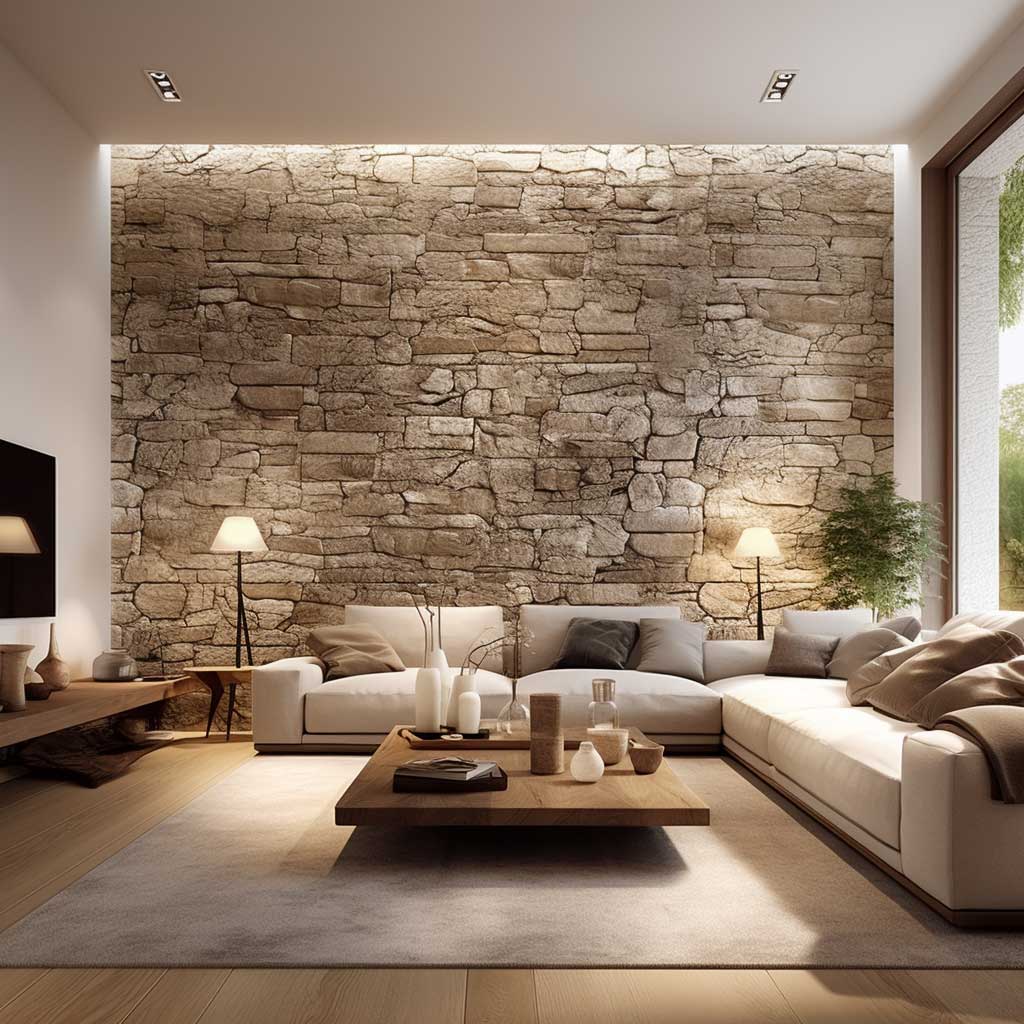 A rustic textured stone feature wall idea that brings a touch of nature into the living room, creating a cozy and inviting ambiance.