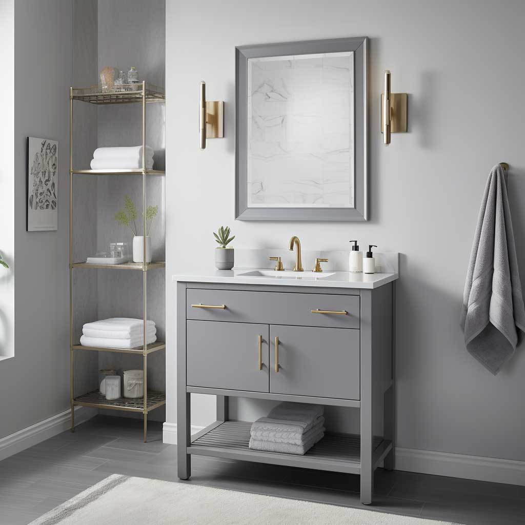 An image capturing a chic, modern grey vanity set against the backdrop of a compact and efficiently designed bathroom.