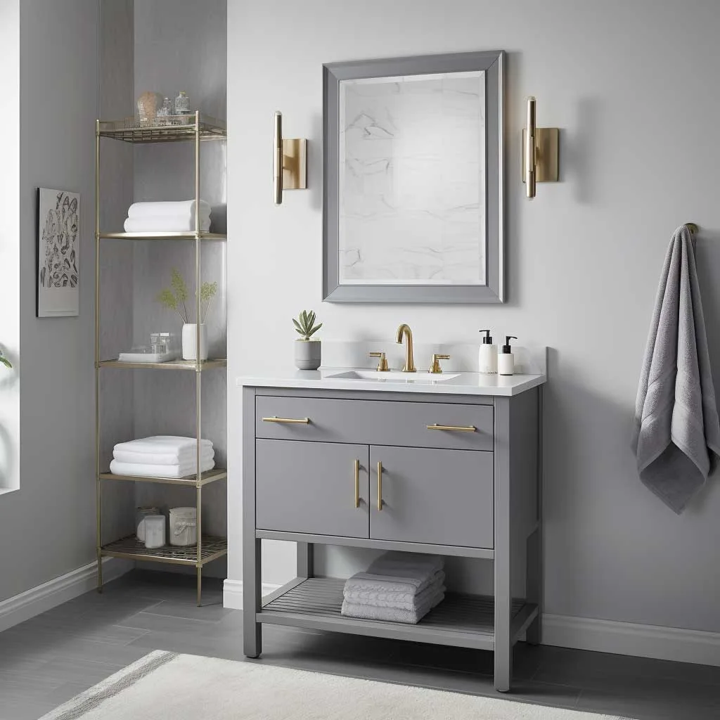 An image capturing a chic, modern grey vanity set against the backdrop of a compact and efficiently designed bathroom.