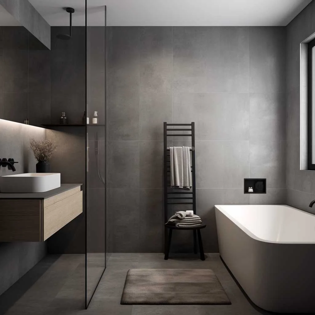 This photo highlights elegant grey accents perfectly integrated into a minimalist bathroom design, optimizing the small space.