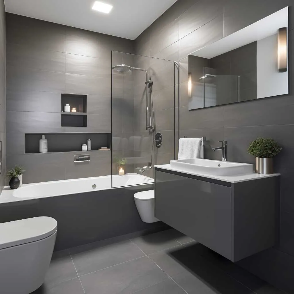 A beautifully arranged small bathroom showcasing sleek grey tiles, embodying a modern and minimalist aesthetic.