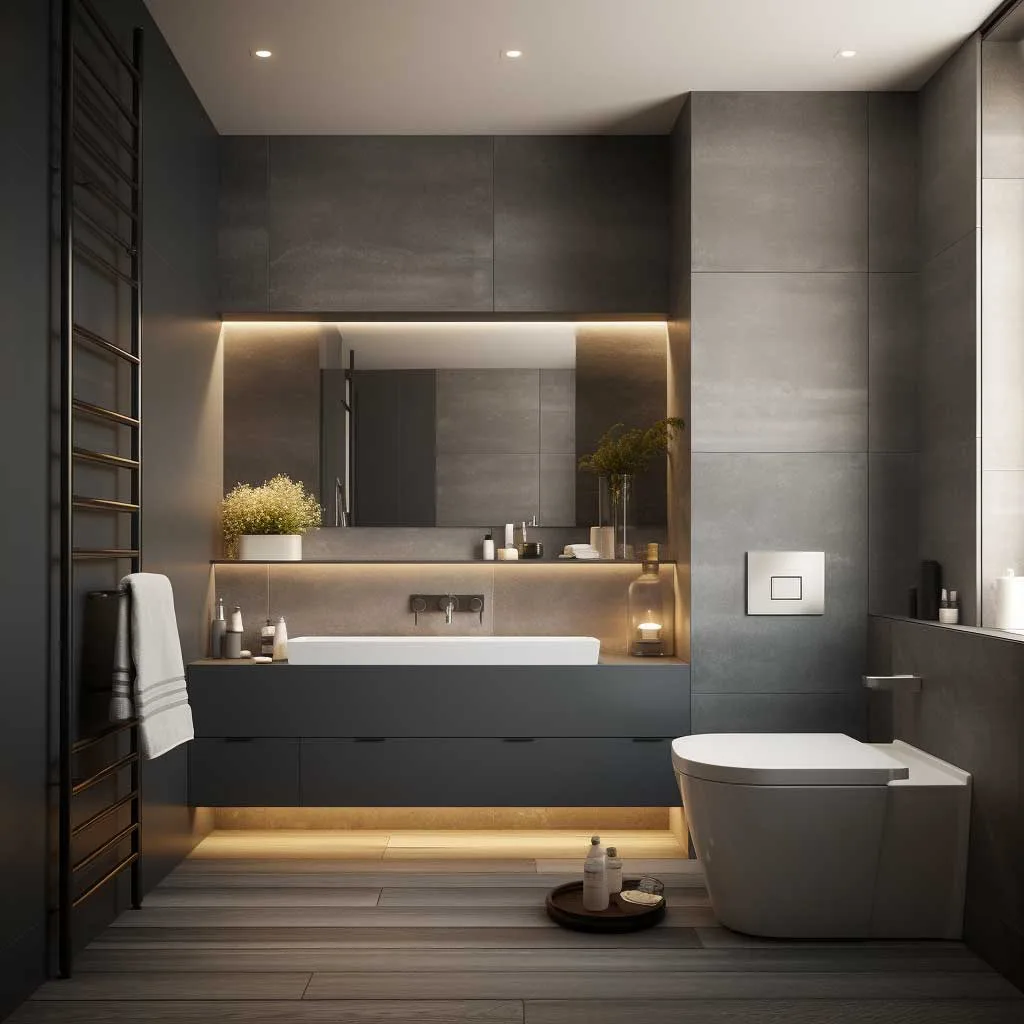 A showcase of streamlined grey bathroom fixtures, blending seamlessly with the modern, minimalist decor of a small bathroom.