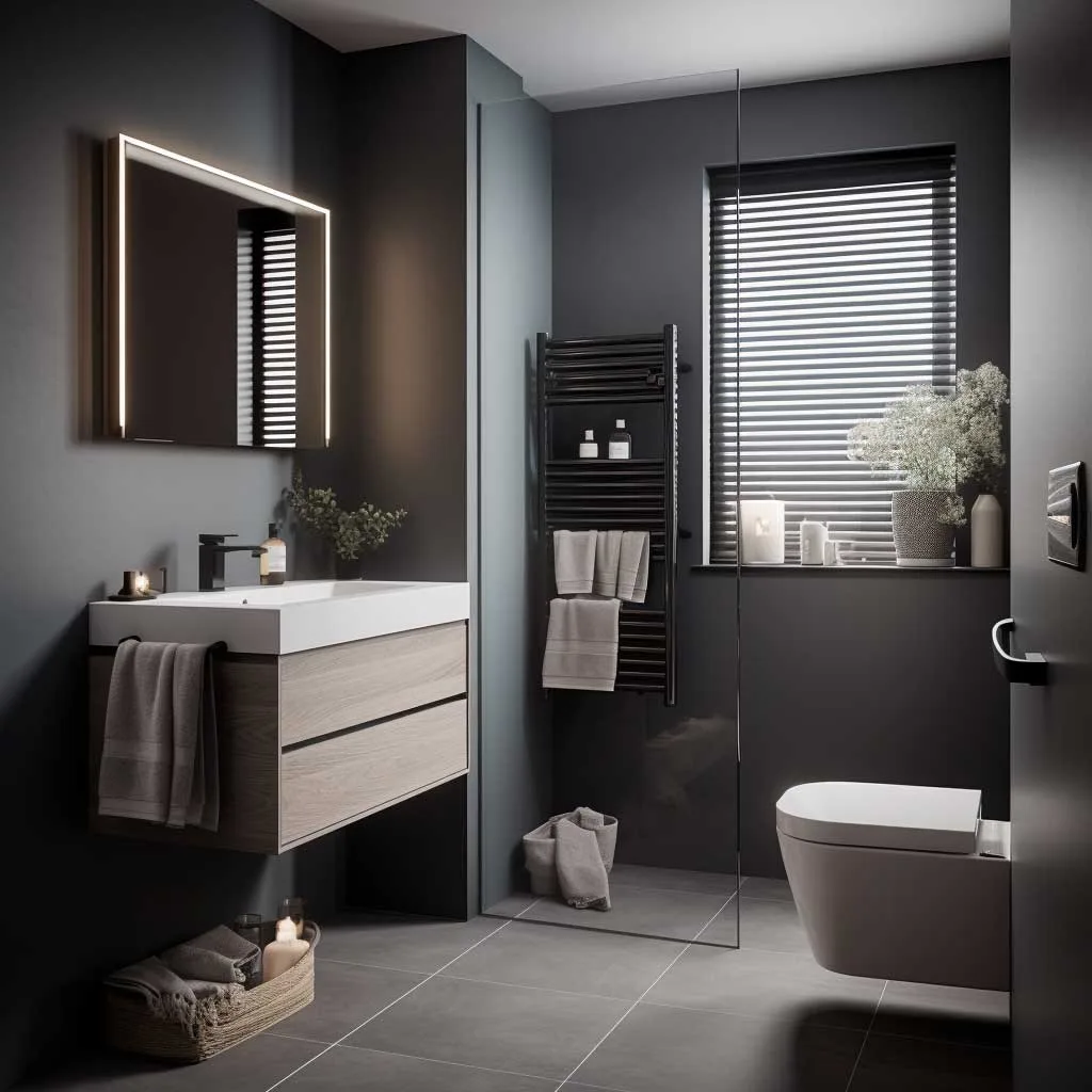 A visually striking small bathroom, featuring contemporary grey hues and innovative space-saving designs.