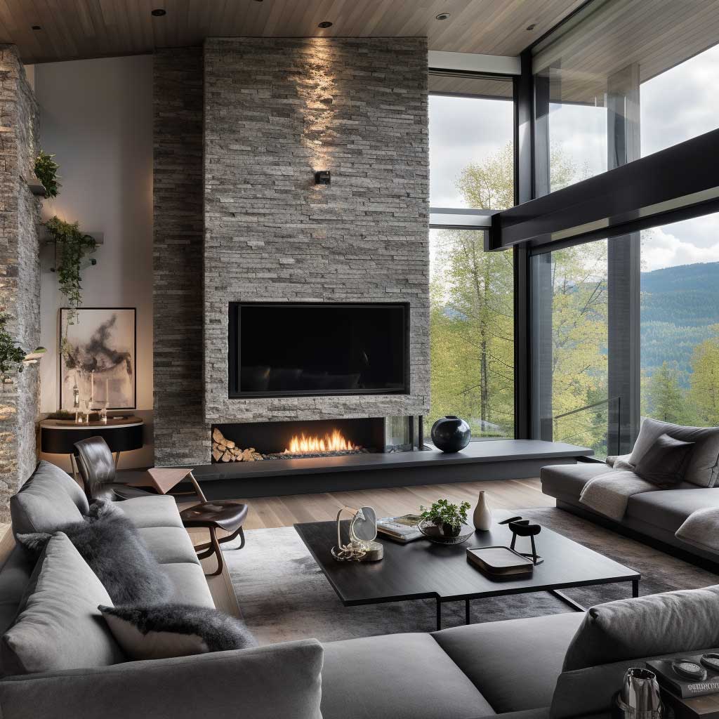 A chic and modern living room design with fireplace set on a stone wall, with the TV strategically placed in the corner to maximize space and aesthetics.