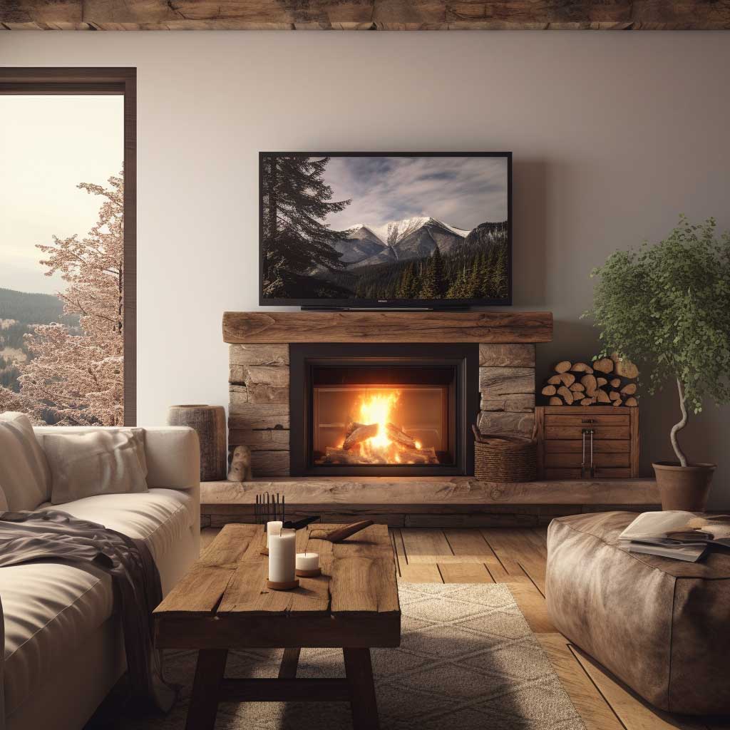 A cozy rustic living room design with fireplace, featuring a wooden mantel and a TV set on a vintage wooden console, blending tradition with modernity.