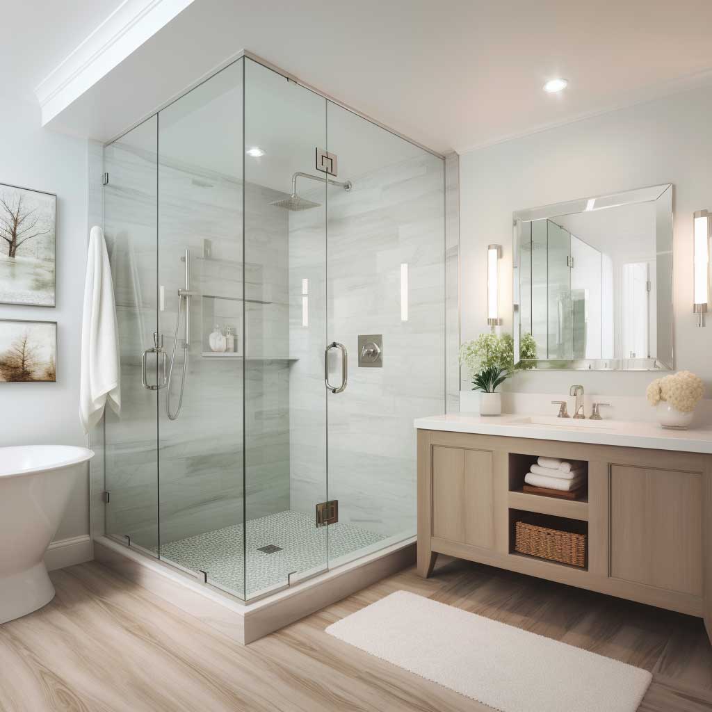 A modern bathroom remodel idea featuring a frameless glass shower enclosure, adding a touch of elegance and spaciousness.