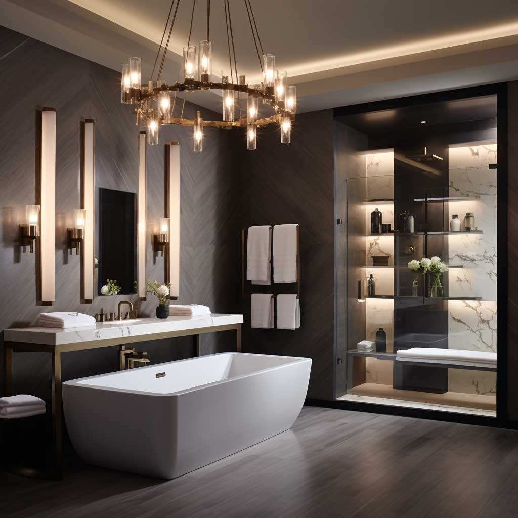 Modern bathroom remodel inspiration highlighting chic and innovative lighting solutions that set the mood.
