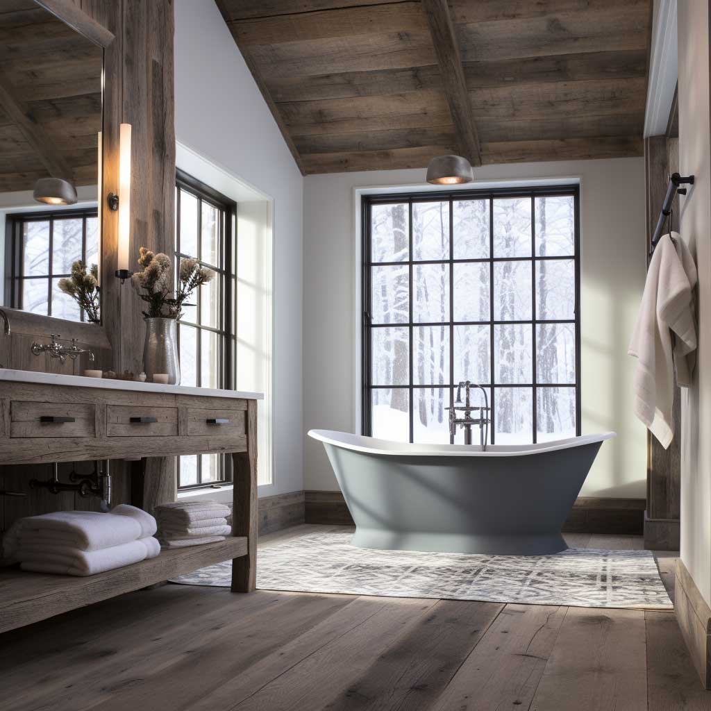 Highlighting the essence of a modern country bathroom with elegant farmhouse lighting fixtures that illuminate the space, enhancing its rustic charm.
