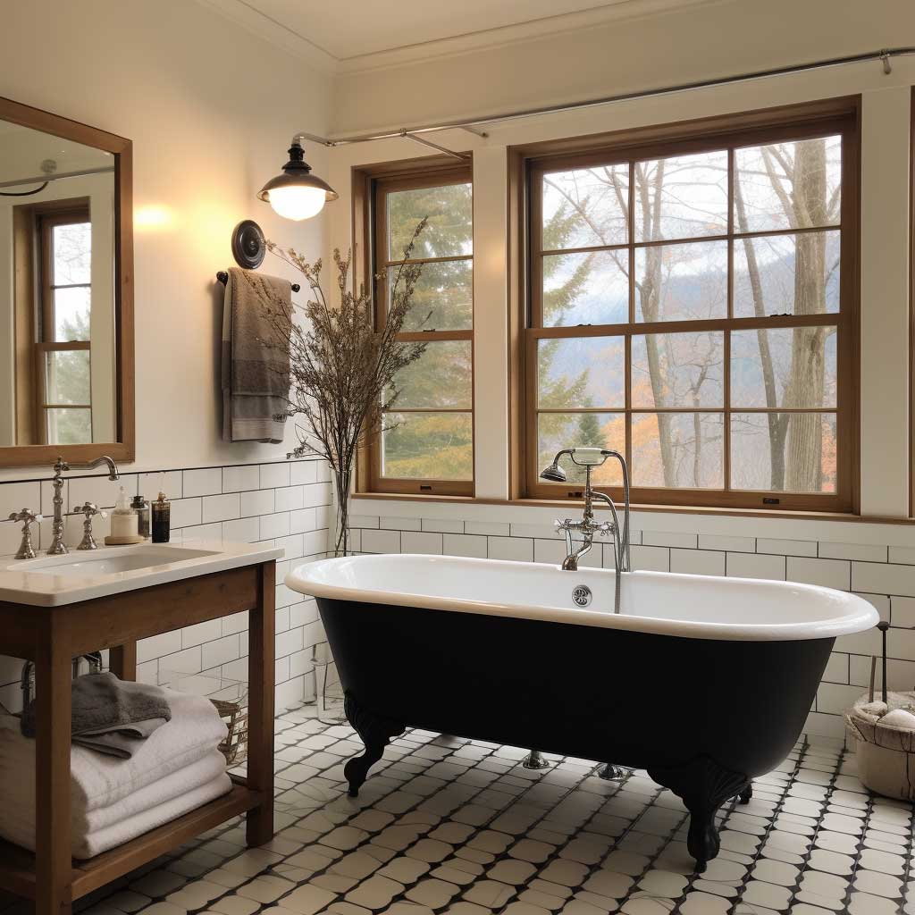 A captivating view of a modern country bathroom showcasing a vintage clawfoot tub, juxtaposed against sleek tiles and contemporary fixtures.