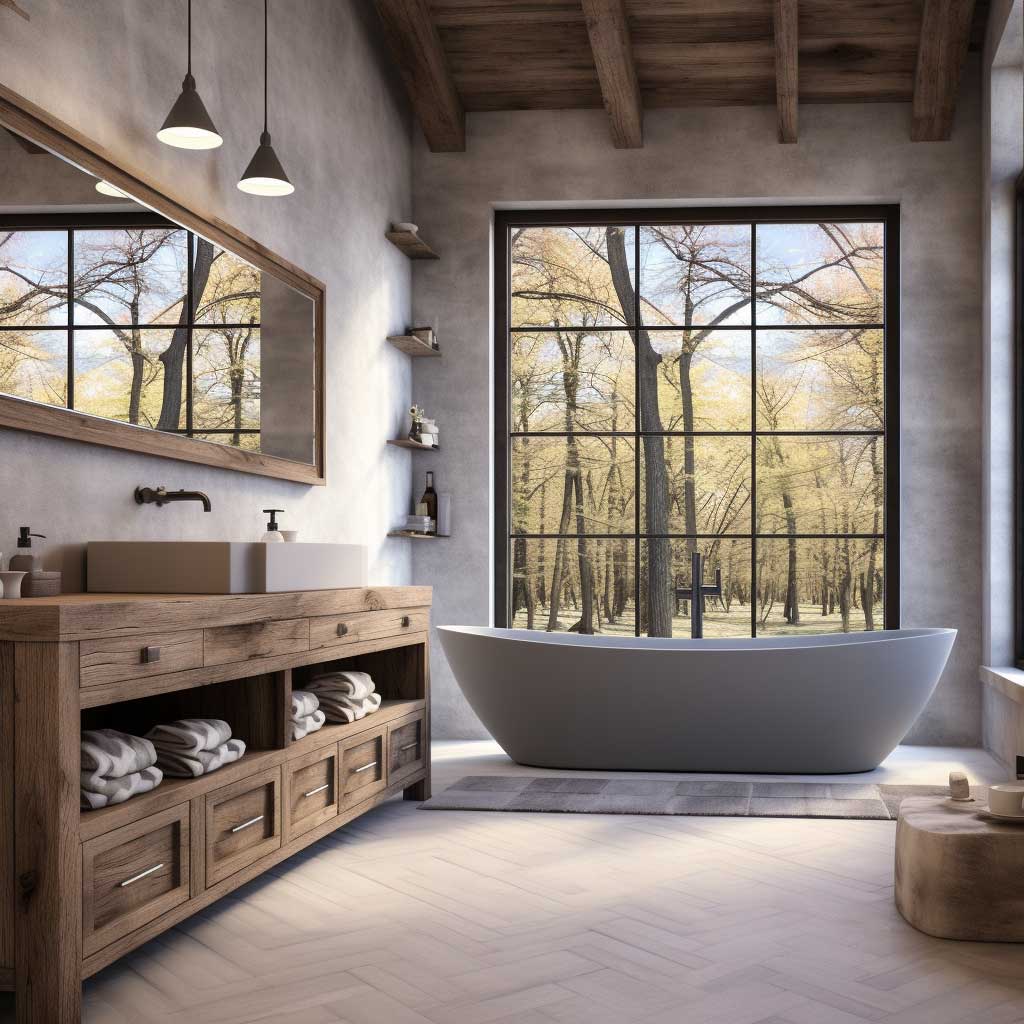 A harmonious blend in a modern country bathroom where rustic wooden accents meet modern amenities, creating a space that exudes warmth and sophistication.