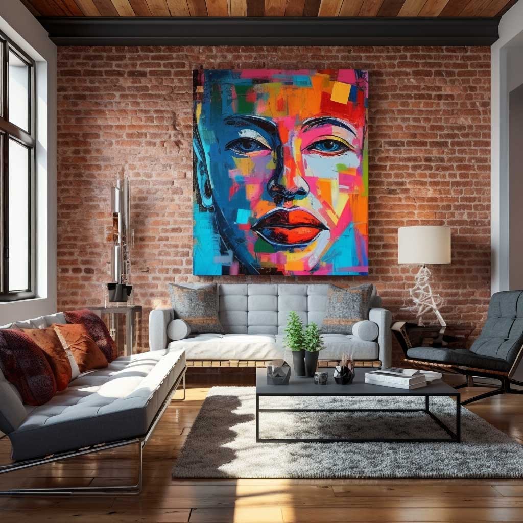 A captivating artwork hangs gracefully on a modern exposed brick wall interior design, demonstrating how art and brick can coexist to create a dynamic visual statement.