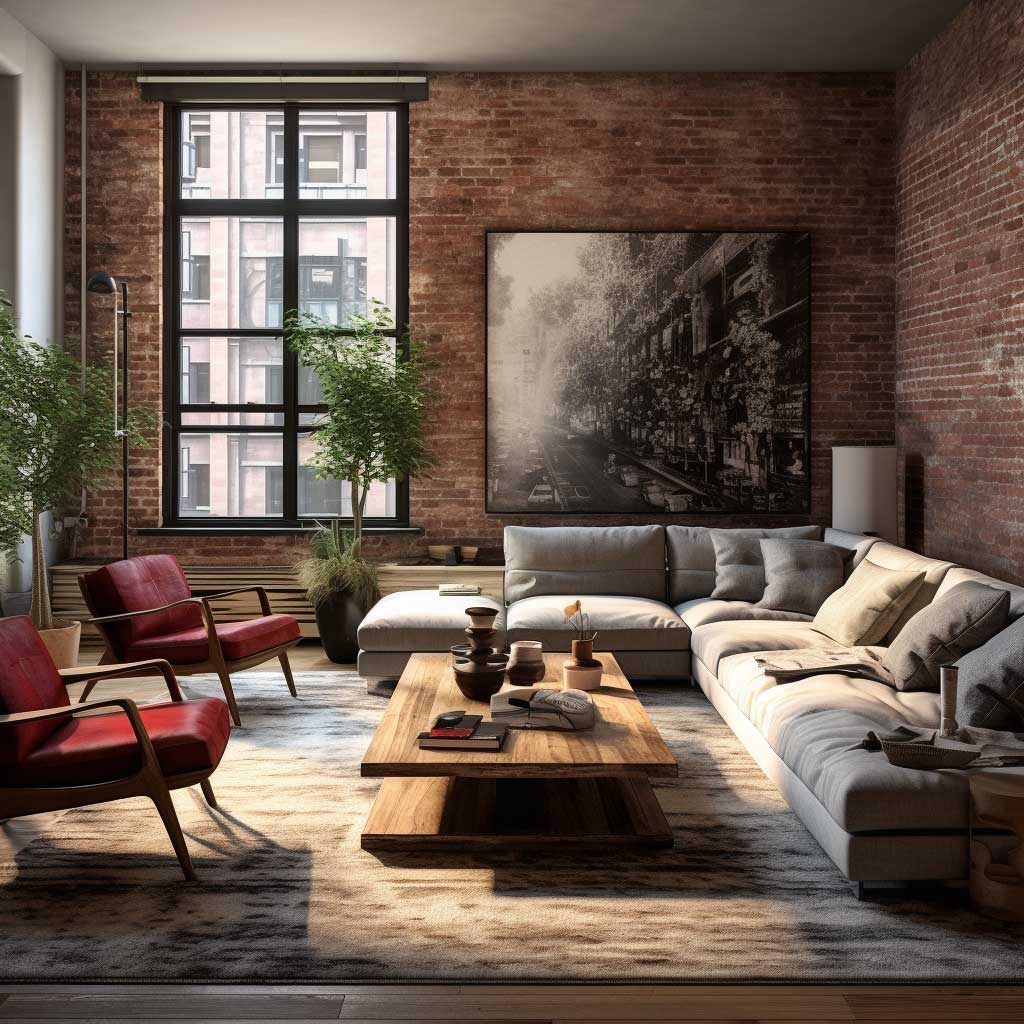 A well-maintained modern exposed brick wall interior design shines in its authentic glory, emphasizing the importance of preservation and care to retain its charm over the years.