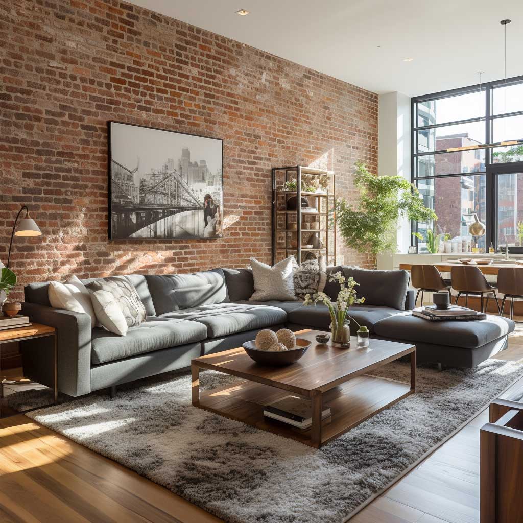 An open-concept living area beautifully integrates a modern exposed brick wall interior design, allowing the brick to seamlessly blend with other design elements and enhance the spaciousness of the room.