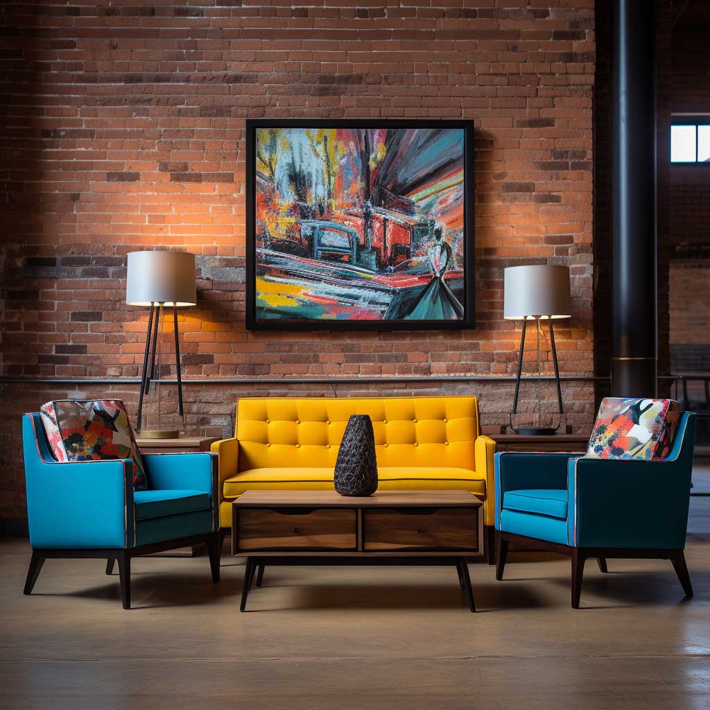 Bold furniture pieces stand out against a backdrop of a modern exposed brick wall interior design, showcasing the power of color contrasts in elevating the brick's natural beauty.