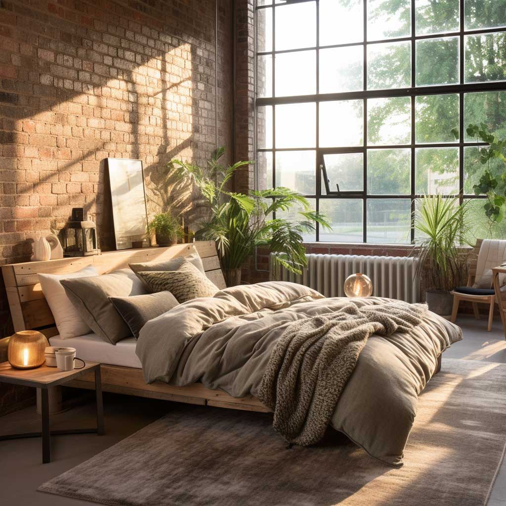 A cozy bedroom highlights the harmony between soft textiles and a modern exposed brick wall interior design, creating a balance of warmth and industrial chic.