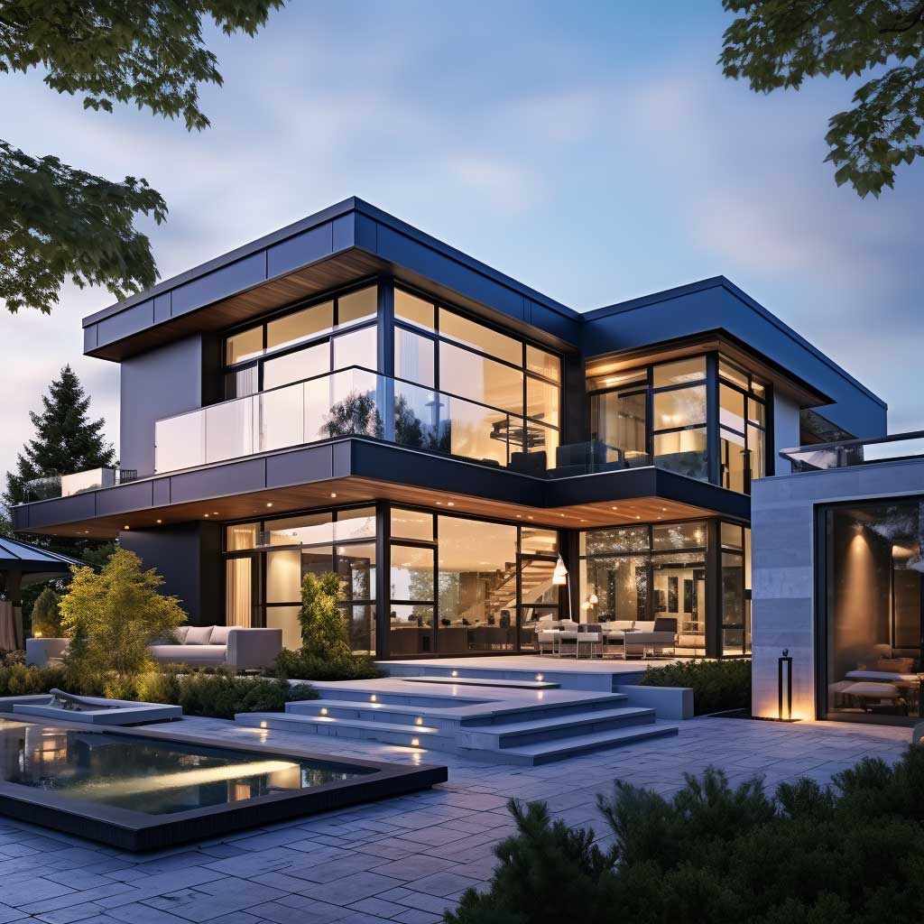 A captivating view of a modern home, where sleek grays merge seamlessly with vibrant blues, showcasing the versatility of modern house outside colour combinations.