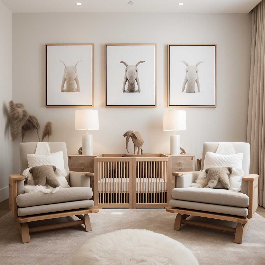 Showcasing a twin nursery design that merges functionality with elegance, this photo illustrates how each space is tailored to meet the twins' needs while maintaining aesthetic appeal