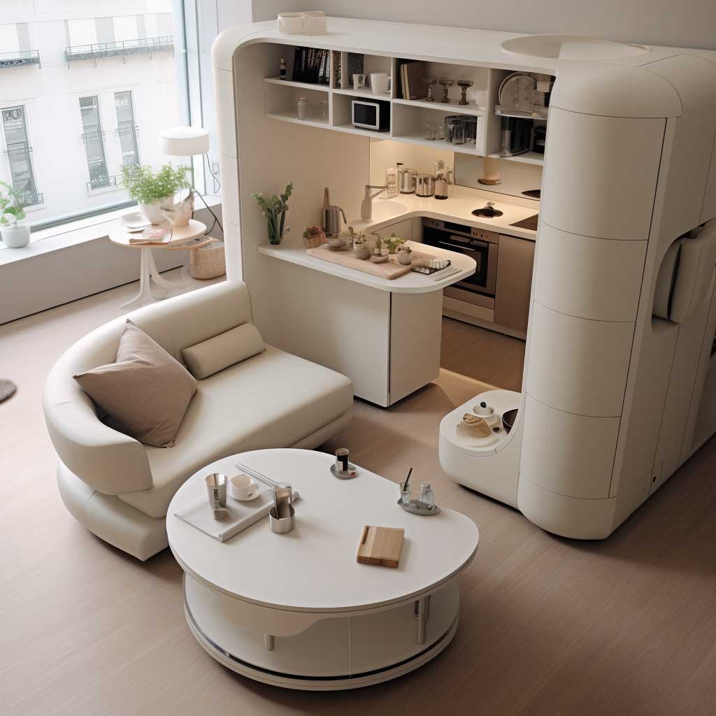 A glimpse of space-saving furniture that transforms very small open plan kitchen living room areas into functional masterpieces.