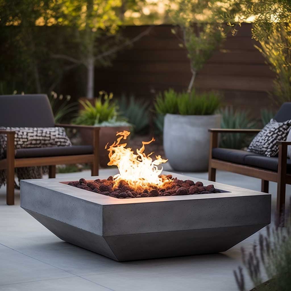 Embrace minimalism with backyard fire pit designs that showcase clean lines and industrial materials for a contemporary outdoor setting.