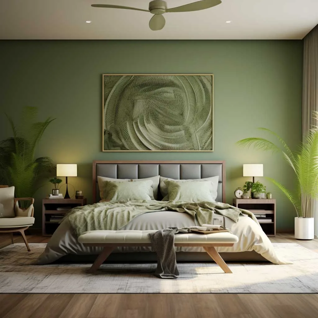 Featured here is a bedroom that utilizes shades of green to foster a restful environment. The bedroom designing color choices range from soft sage to deeper forest hues, showcasing the versatility of green in creating a serene and harmonious bedroom ambiance.