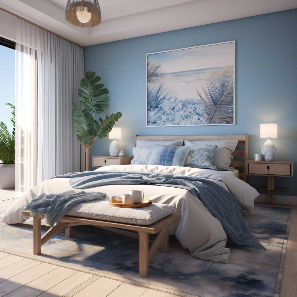This image displays a bedroom where varying shades of blue create a soothing atmosphere. The use of blue in the bedroom designing color scheme promotes relaxation and calmness, demonstrating how color can be effectively used to enhance the tranquility of a sleeping space.
