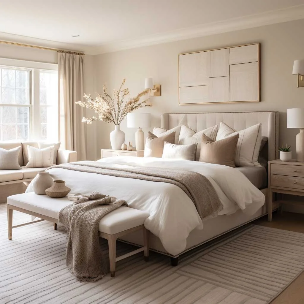 The image portrays a bedroom adorned with warm neutral colors. This bedroom designing color approach uses a palette of soft beiges and creams to establish a cozy, inviting, and stress-free environment, illustrating the power of neutrals in achieving a relaxed bedroom setting.