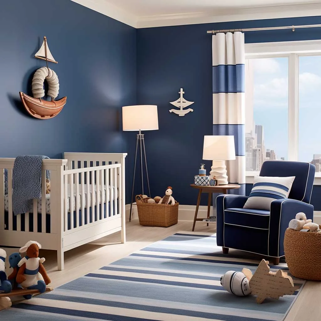 Embrace the spirit of the sea with this blue nursery idea featuring navy and white stripes, nautical accents, and gentle ocean-themed decorations for a maritime-inspired haven.