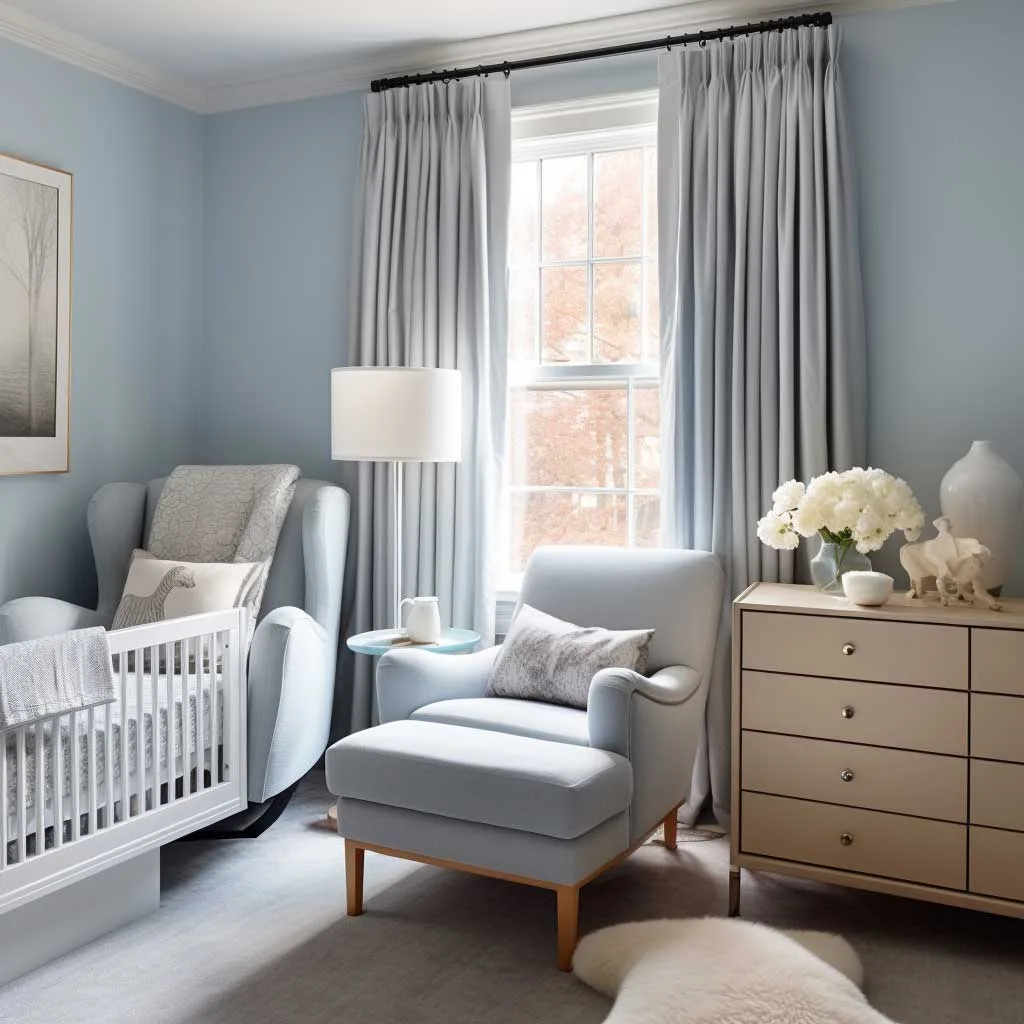 A sophisticated blend of blue and grey in this nursery idea, where soft blue walls meet elegant grey furnishings, accented by whimsical decor to inspire imagination and comfort.