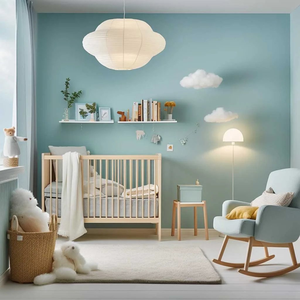 A tranquil blue nursery idea brought to life with sky blue walls and cloud motifs, creating a peaceful and dreamlike environment for both parent and child.