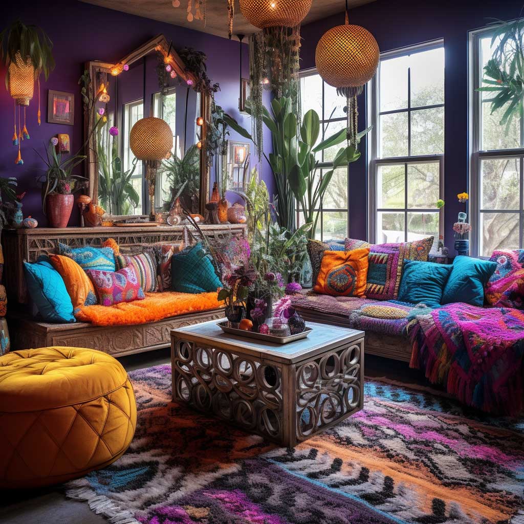 A vibrant bohemian style living room, highlighted by creatively repurposed items and eclectic accessories, illustrating how imagination can transform budget items into stylish decor.