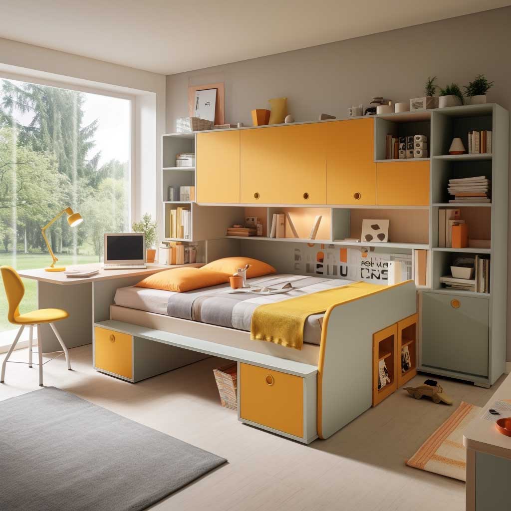 Explore multifunctional furniture solutions in children's bedroom designs for small rooms, where beds double as storage units and desks fold into walls, offering versatility and style.
