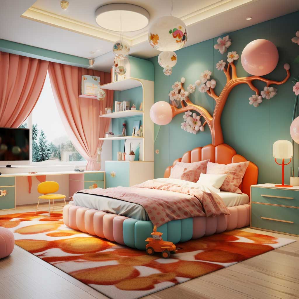 A playful children's room featuring a whimsical wonderland theme, complete with vibrant colors and imaginative decor, perfect for sparking joy and creativity among kids.