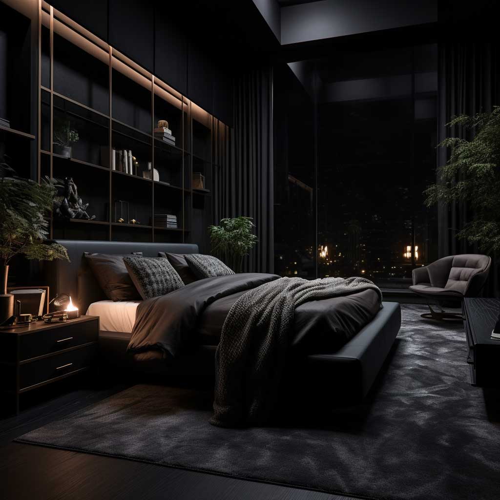 Experience tranquil nights in this dark-themed bedroom, where the harmonious balance of dark shades and soft textures exemplifies the perfect dark bedroom interior design for peaceful rest and relaxation.