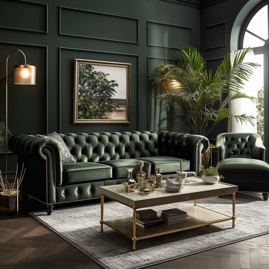 Step into a classic setting where a timeless dark green Chesterfield sofa adds a layer of sophistication, perfectly encapsulating the essence of dark green sofa living room ideas.