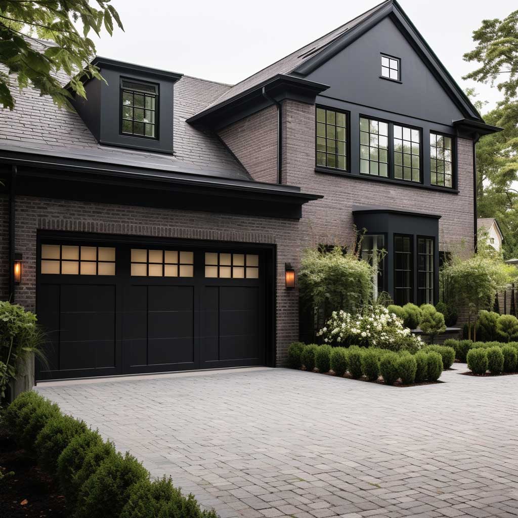 Discover the bold and sophisticated appeal of black garage doors against brick houses, showcasing striking garage door color ideas that bring a modern twist to traditional brick structures.