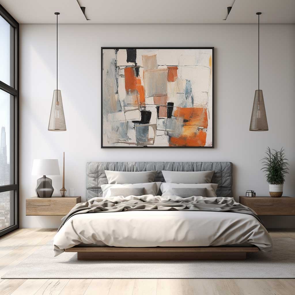 Dive into the creative depths with this abstract modern bedroom painting design, where each stroke adds a story to your space.