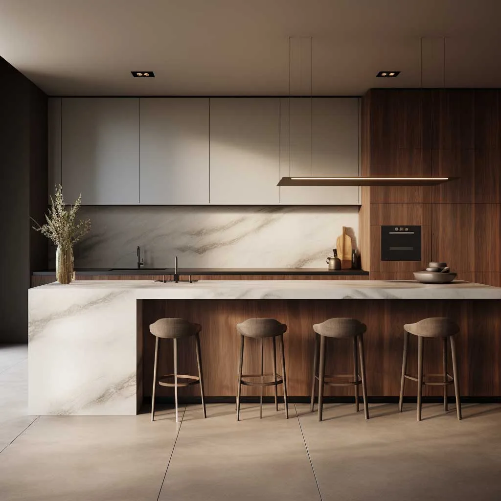 Here, the modern minimalist kitchen design is elevated to a form of art, where each element is purposefully placed to achieve a Zen-like clarity. The uncluttered countertops are a testament to the minimalist ethos, offering a pristine stage for culinary creation. The subtle interplay of light and shadow accentuates the tactile qualities of stone and wood, while the absence of upper cabinets amplifies the sense of expansiveness, inviting a meditative appreciation of the space.
