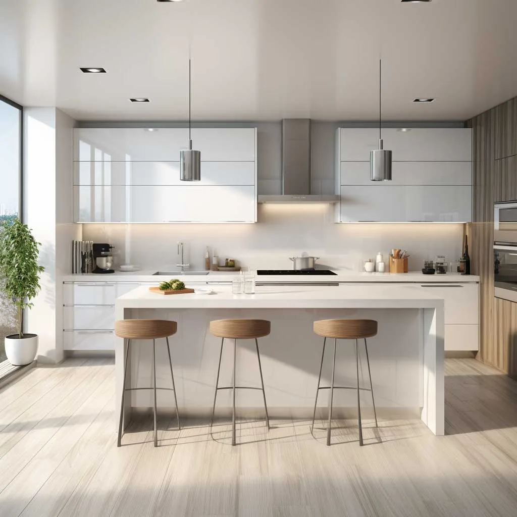 This image showcases a modern minimalist kitchen design that is a harmonious blend of symmetry and clean lines. The monochromatic color palette creates a tranquil backdrop, while the flat-panel cabinetry and integrated handles underscore the kitchen's sleek profile. Natural light floods the space, reflecting off polished surfaces and enhancing the airy, open feel. The strategic absence of ornamentation directs focus to the quality of materials and precision of craftsmanship.