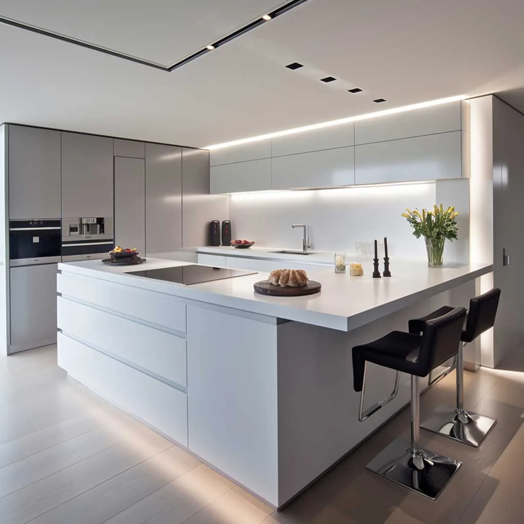 This image captures a serene and streamlined kitchen where every element coalesces to create a harmonious modern small open kitchen design. The use of light hues and reflective surfaces magnifies the sense of space, while integrated appliances maintain the clean lines and uncluttered ethos of modern design. The strategic placement of lighting fixtures not only illuminates the work areas but also adds a warm ambiance to the kitchen, making it a welcoming hub for both cooking and socializing.