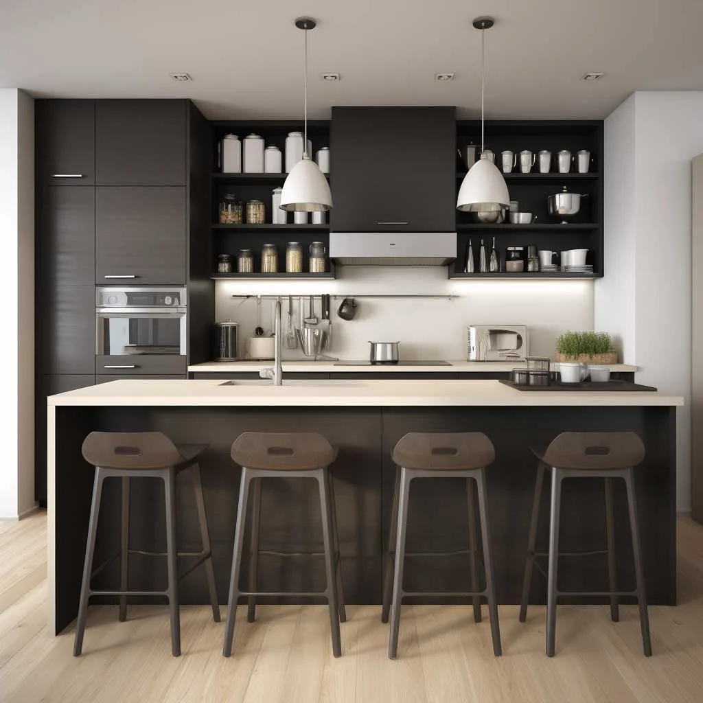 Here we see a kitchen that epitomizes urban elegance within a compact layout, a perfect embodiment of modern small open kitchen design. The juxtaposition of dark cabinetry against a crisp white backsplash creates a visually striking contrast, while the open shelving adds an air of openness and accessibility. The sleek bar stools and minimalist decor underscore the kitchen's modern vibe, providing a chic yet functional space that caters to the urbanite's lifestyle.
