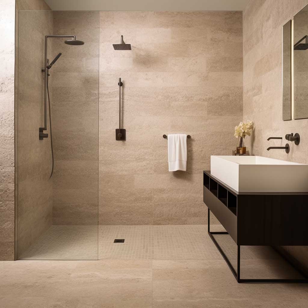 A showcase of sleek and minimalist shower designs, featuring modern travertine, which transforms the aesthetic of bathroom spaces.
