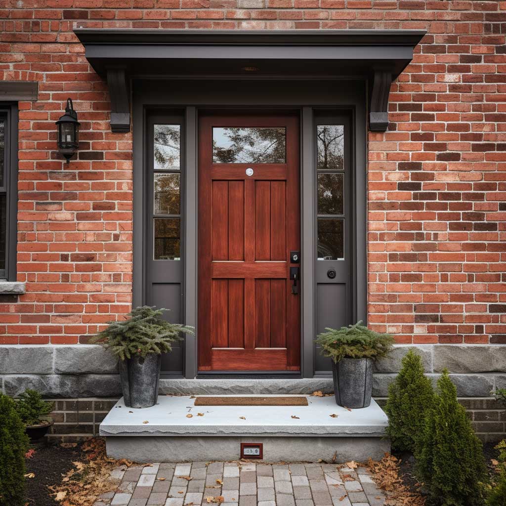 The natural wood tones of a varnished wooden door offer a harmonious and charming complement to the red brick exterior, showcasing a timeless door color idea for red brick houses.