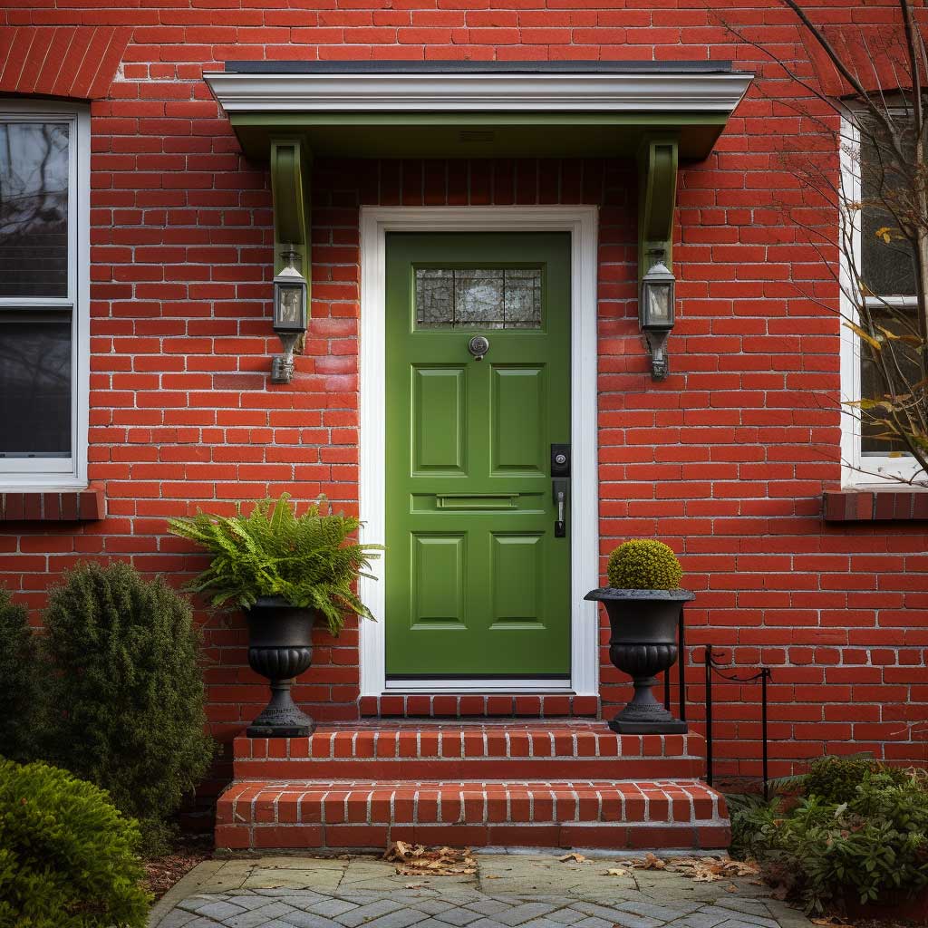 A lime green door adds a modern pop of color to a red brick house, providing a vibrant and contemporary door color idea that invigorates the traditional red brick aesthetic.