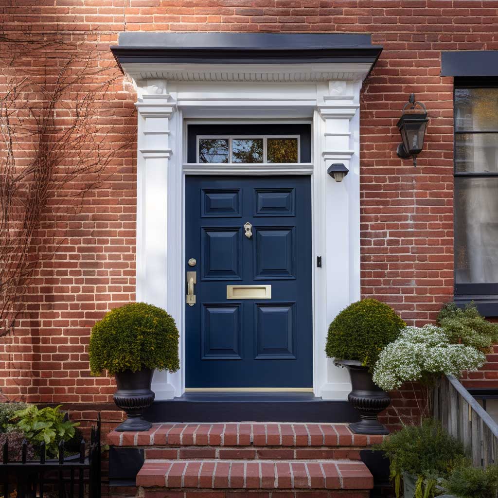 A navy blue door presents a classic and elegant contrast against the warm red brick facade, embodying a traditional yet bold door color idea for red brick houses.